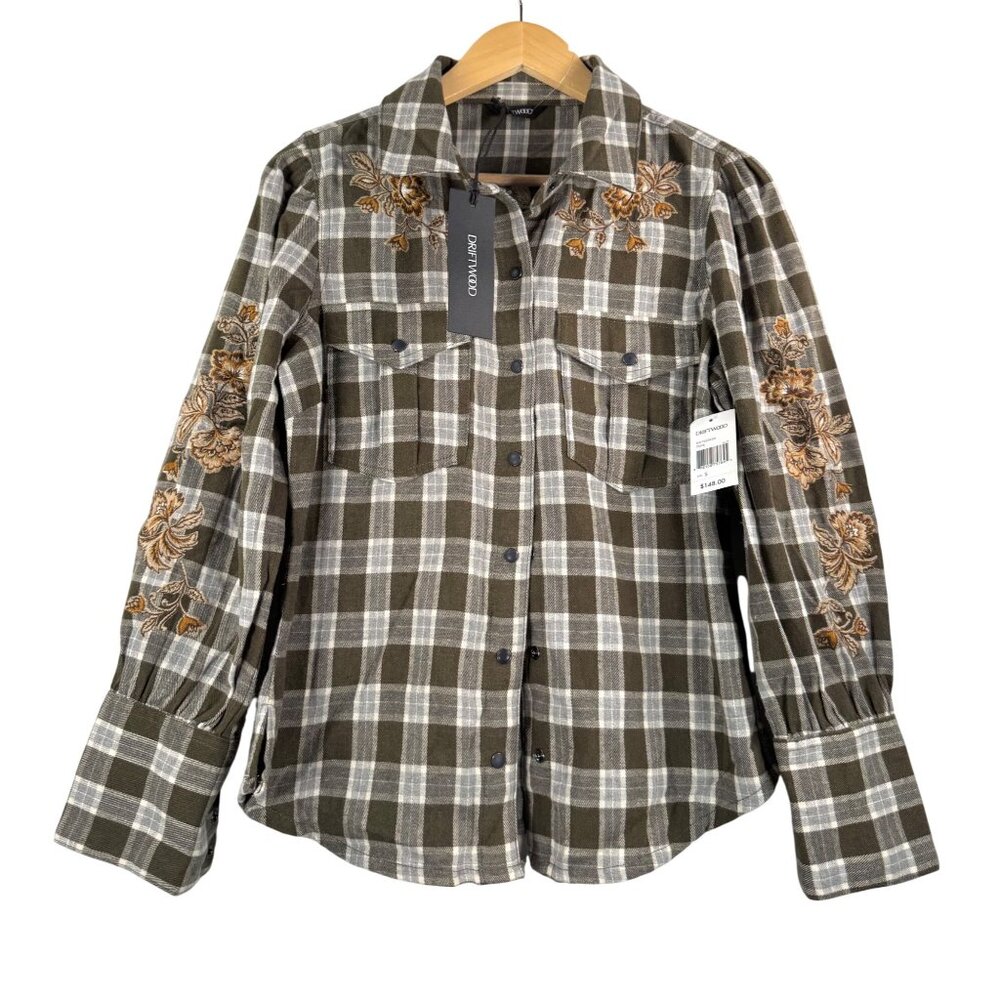 Driftwood plaid floral embroidered‎ snap button shirt boho western 90s sz S